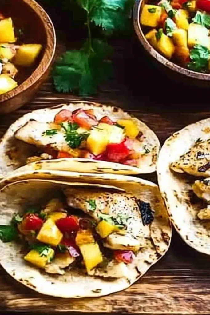 Drei gegrillte Fisch-Tacos in Maistortillas, gefüllt mit Mango-Salsa aus frischer Mango, Tomaten, Zwiebeln und Koriander auf einem Holztisch serviert.