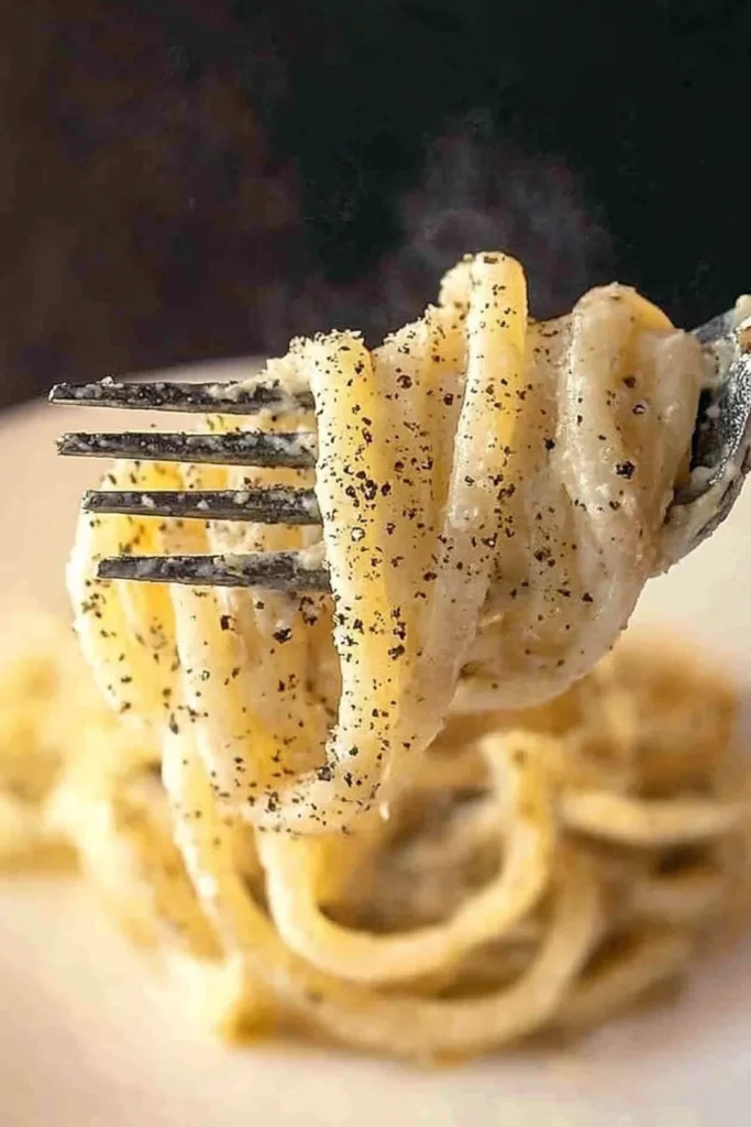Nahaufnahme von einer Gabel mit aufgerollten Spaghetti Cacio e Pepe, bestäubt mit frisch gemahlenem schwarzen Pfeffer und geriebenem Pecorino-Käse, über einer Schüssel Pasta.