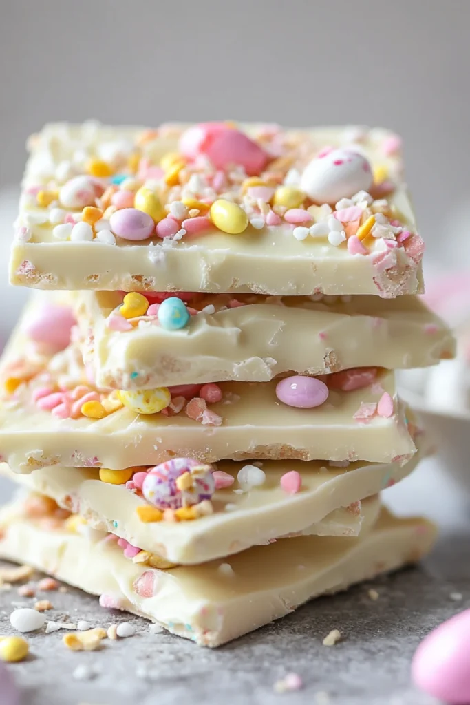 „Weiße Schokoladen-Oster-Bark mit bunten Süßigkeiten und Streuseln.“