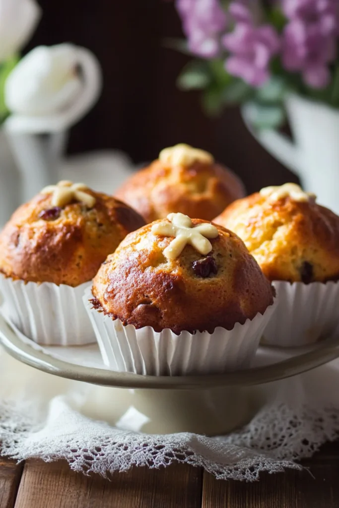 Ein Korb mit frisch gebackenen Hot Cross Muffins, die mit einem Kreuz aus Teig verziert sind und in Backpapier gewickelt wurden.
